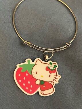 Hello Kitty Strawberry Charm Silver-Tone Bangle Bracelet - Pink Green